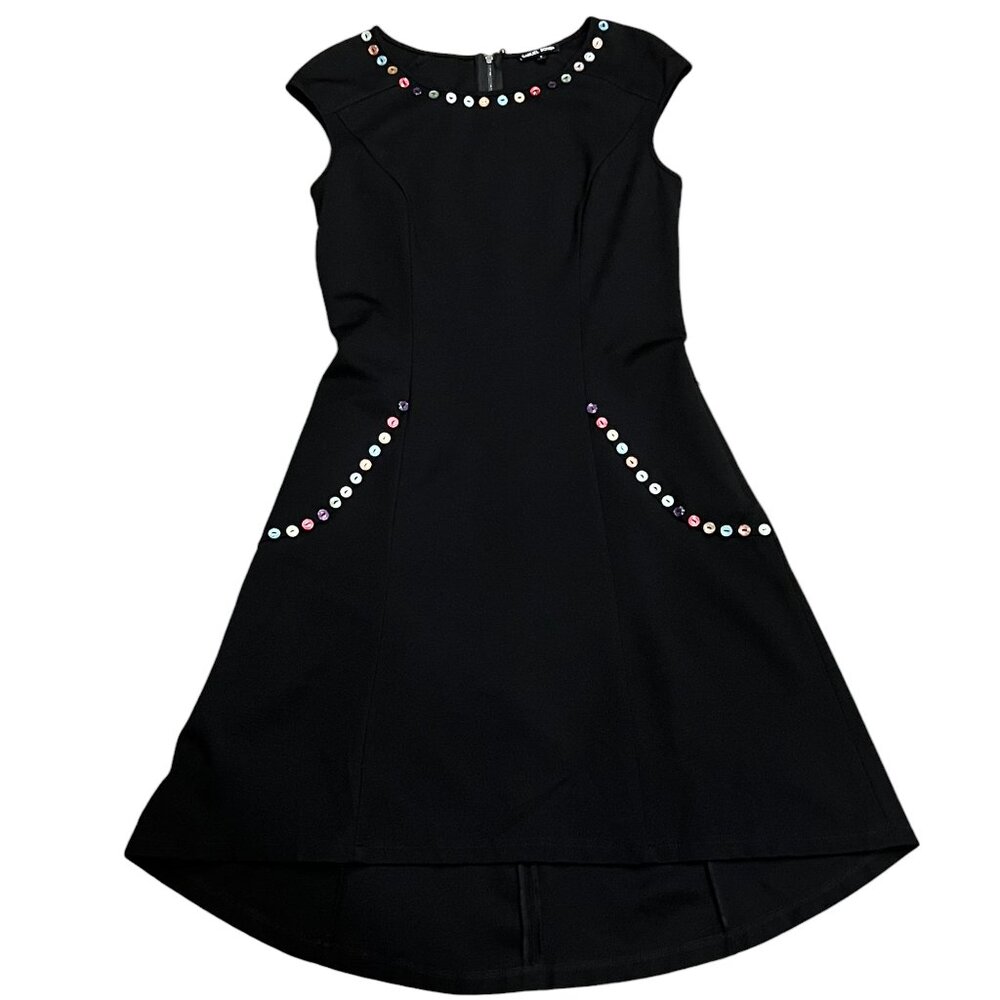 Samuel Dong Fit & Flare Black Cap Sleeve Dress, Button Detail, S
